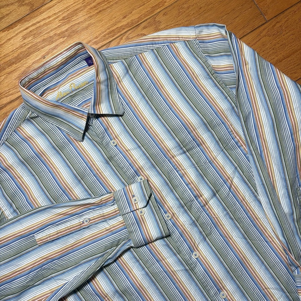 Alan Flusser Shirt Mens Large Multicolor Striped Button Up Long Sleeve Cotton